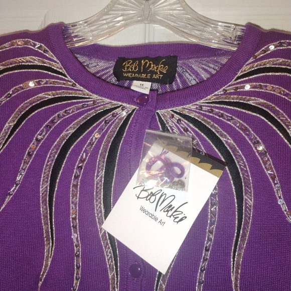NWT Bob Mackie Beaded Sequin Glitz Cardigan Sweater Purple Size 1X - Picture 4 of 6